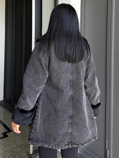 Solinda Kürk Detaylı Denim Ceket Gri-Siyah