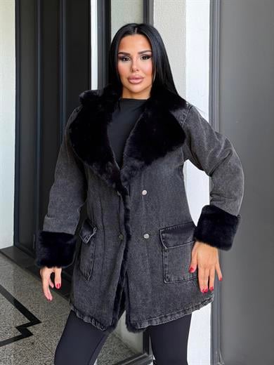 Solinda Kürk Detaylı Denim Ceket Gri-Siyah
