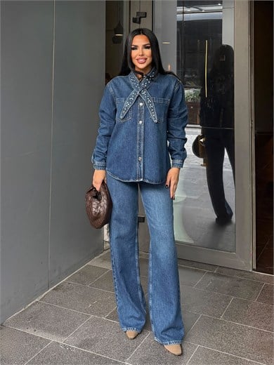 Sraco Taş Detaylı Denim Takım Lacivert