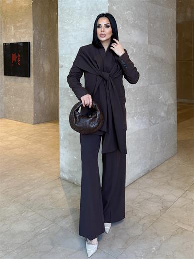 Tanisa Şal Ceket Detaylı Takım Kahve