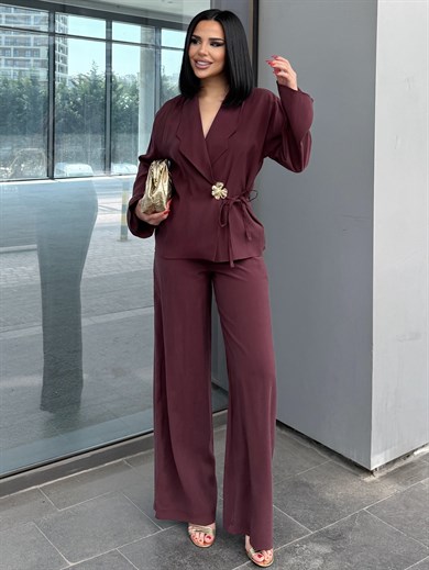 Tentra Gold Broş Detaylı Takım Bordo