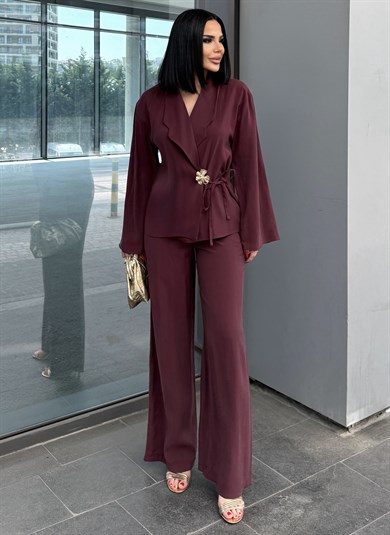 Tentra Gold Broş Detaylı Takım Bordo