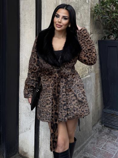 Texsa Kürk Yaka Detaylı Leopar Desen Kürk