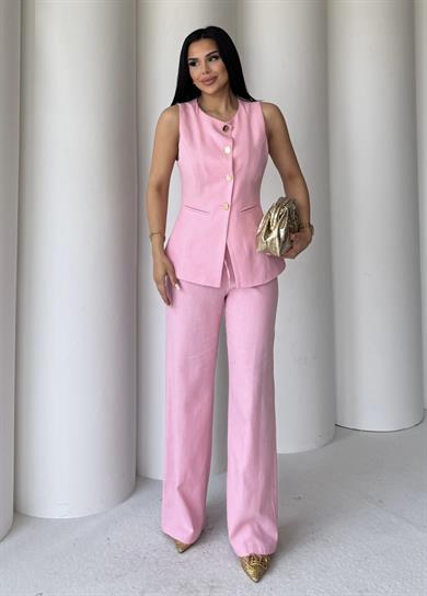 Tilya Gold Düğme Detaylı Keten Takım Pembe
