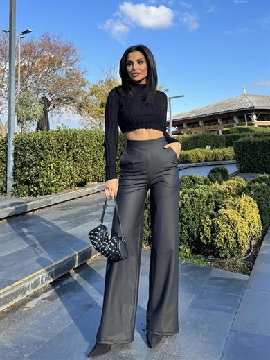 Tony Mat Suni Deri Palazzo Tayt Pantolon Siyah