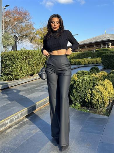 Tony Mat Suni Deri Palazzo Tayt Pantolon Siyah