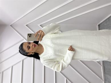 Triko Elbise İncili Beyaz