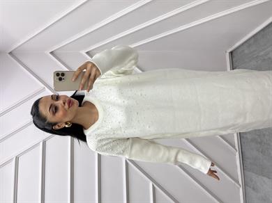 Triko Elbise İncili Beyaz