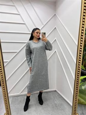 Triko Elbise İncili Gri