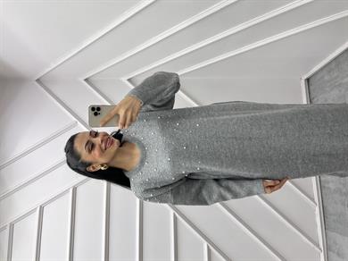 Triko Elbise İncili Gri