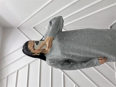 Triko Elbise İncili Gri