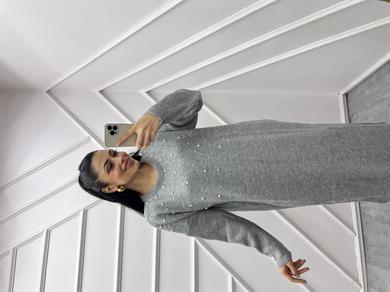 Triko Elbise İncili Gri