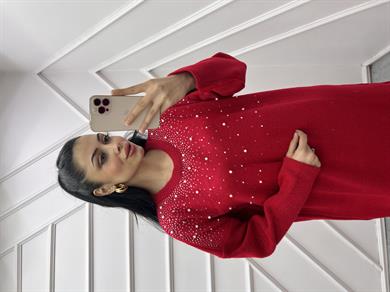 Triko Elbise İncili Kırmızı