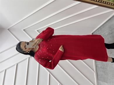 Triko Elbise İncili Kırmızı