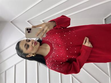 Triko Elbise İncili Kırmızı