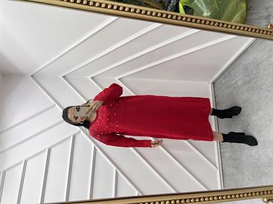 Triko Elbise İncili Kırmızı