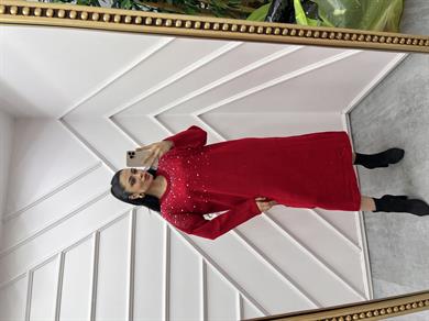 Triko Elbise İncili Kırmızı