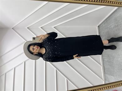 Triko Elbise İncili Siyah