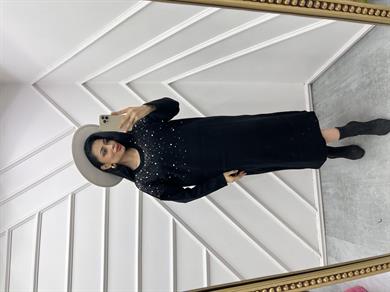 Triko Elbise İncili Siyah