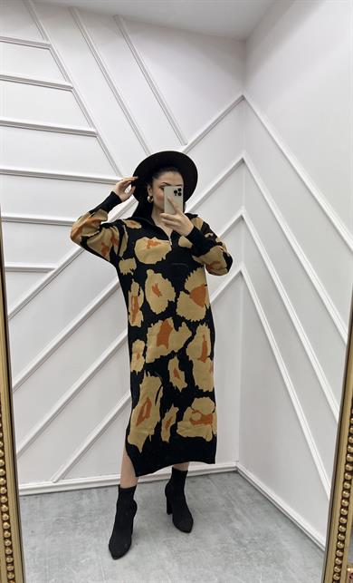 Triko Elbise Leopar Siyah