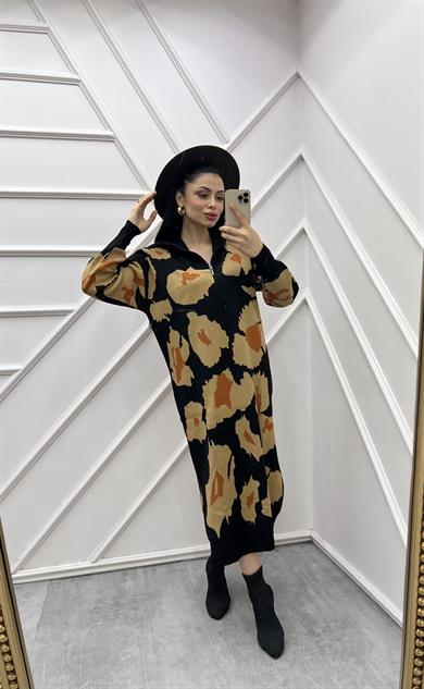 Triko Elbise Leopar Siyah