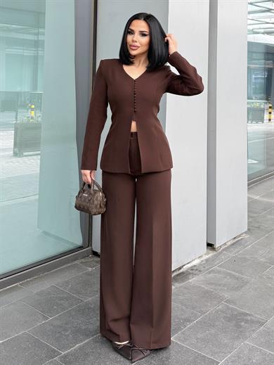 Troga Düğme Detaylı  Palazzo Pantolonlu Takım Kahve