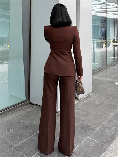 Troga Düğme Detaylı  Palazzo Pantolonlu Takım Kahve