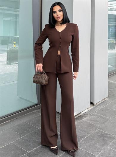 Troga Düğme Detaylı  Palazzo Pantolonlu Takım Kahve