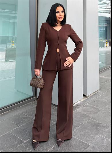 Troga Düğme Detaylı  Palazzo Pantolonlu Takım Kahve