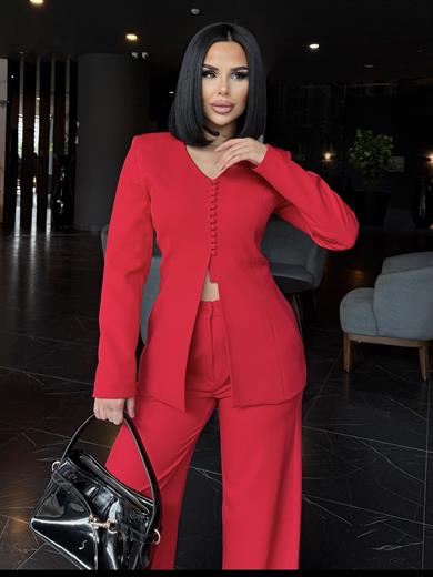 Troga Düğme Detaylı Palazzo Pantolonlu Takım Kırmızı