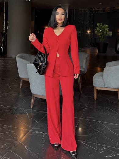 Troga Düğme Detaylı Palazzo Pantolonlu Takım Kırmızı