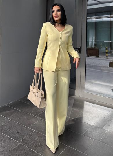 Troga Düğme Detaylı Palazzo Pantolonlu Takım Sarı