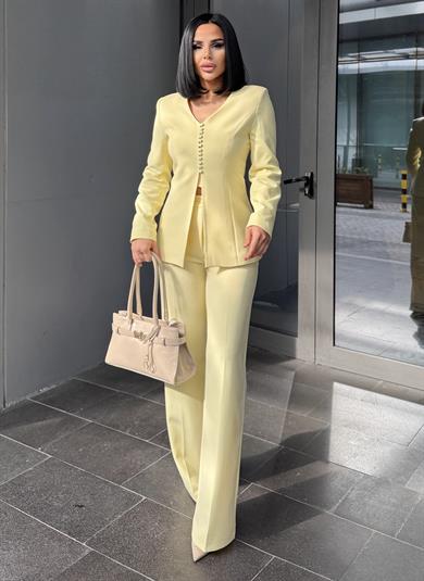 Troga Düğme Detaylı Palazzo Pantolonlu Takım Sarı