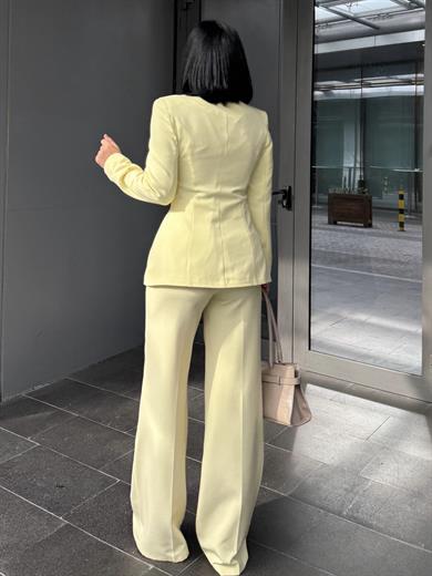 Troga Düğme Detaylı Palazzo Pantolonlu Takım Sarı