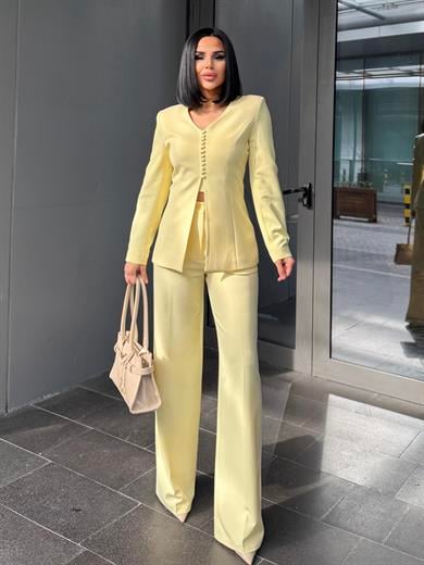 Troga Düğme Detaylı Palazzo Pantolonlu Takım Sarı
