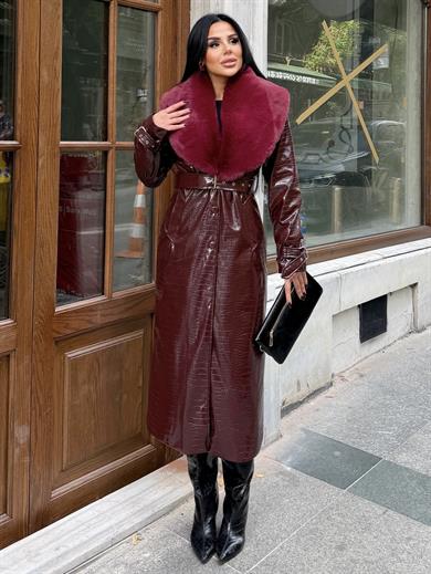 Uppers Kürk Yaka Detaylı Uzun Deri Kaban Bordo