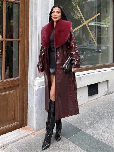 Uppers Kürk Yaka Detaylı Uzun Deri Kaban Bordo