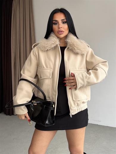 Vango Kürk Yaka Detaylı Ceket Taş