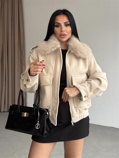 Vango Kürk Yaka Detaylı Ceket Taş