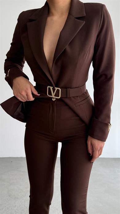 Vansie Gold Kemer Detaylı Takım Koyu Kahve