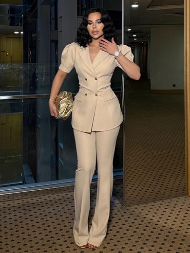 Vasigo Gold Düğme Detaylı Takım Bej