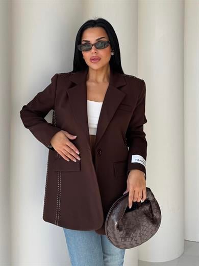 Velodi  Nakış Detaylı Blazer Ceket Kahve