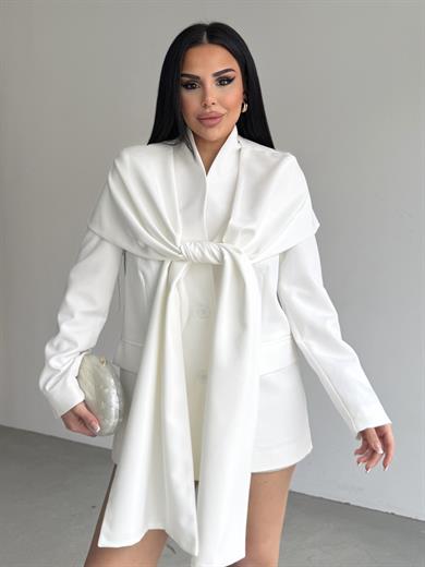 Vinsa Şal Detaylı Tasarım Ceket Beyaz