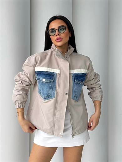Vintage Denim Detaylı Paraşüt Ceket Bej