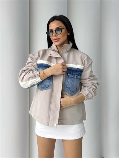 Vintage Denim Detaylı Paraşüt Ceket Bej