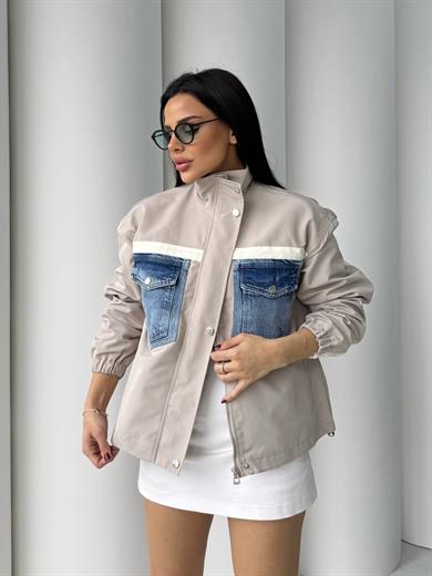 Vintage Denim Detaylı Paraşüt Ceket Bej