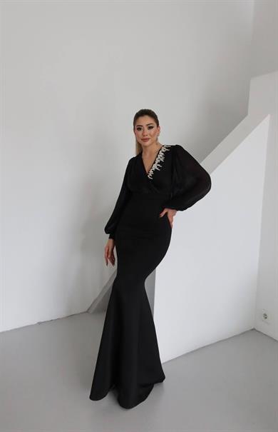 Vogen Taş Detaylı Abiye Elbise Siyah