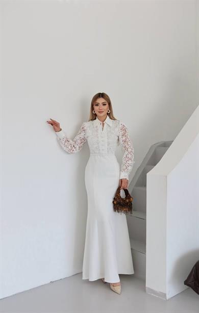 Weding Düğme Detaylı Elbise Beyaz