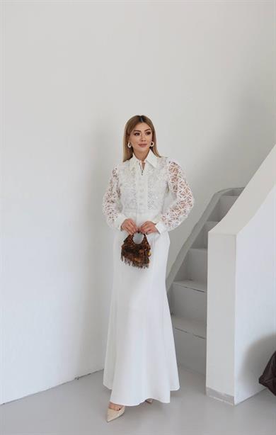 Weding Düğme Detaylı Elbise Beyaz