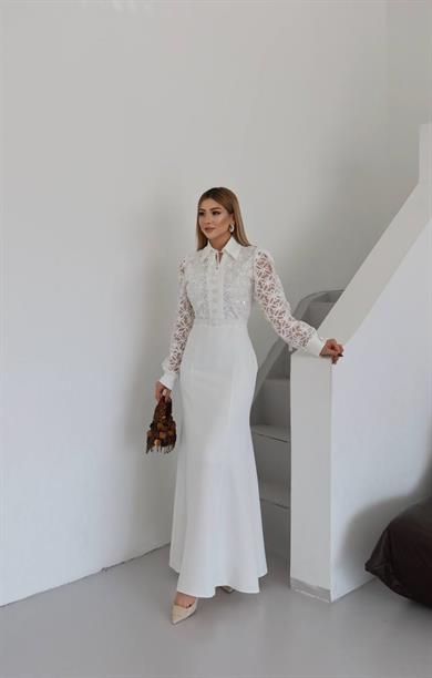 Weding Düğme Detaylı Elbise Beyaz